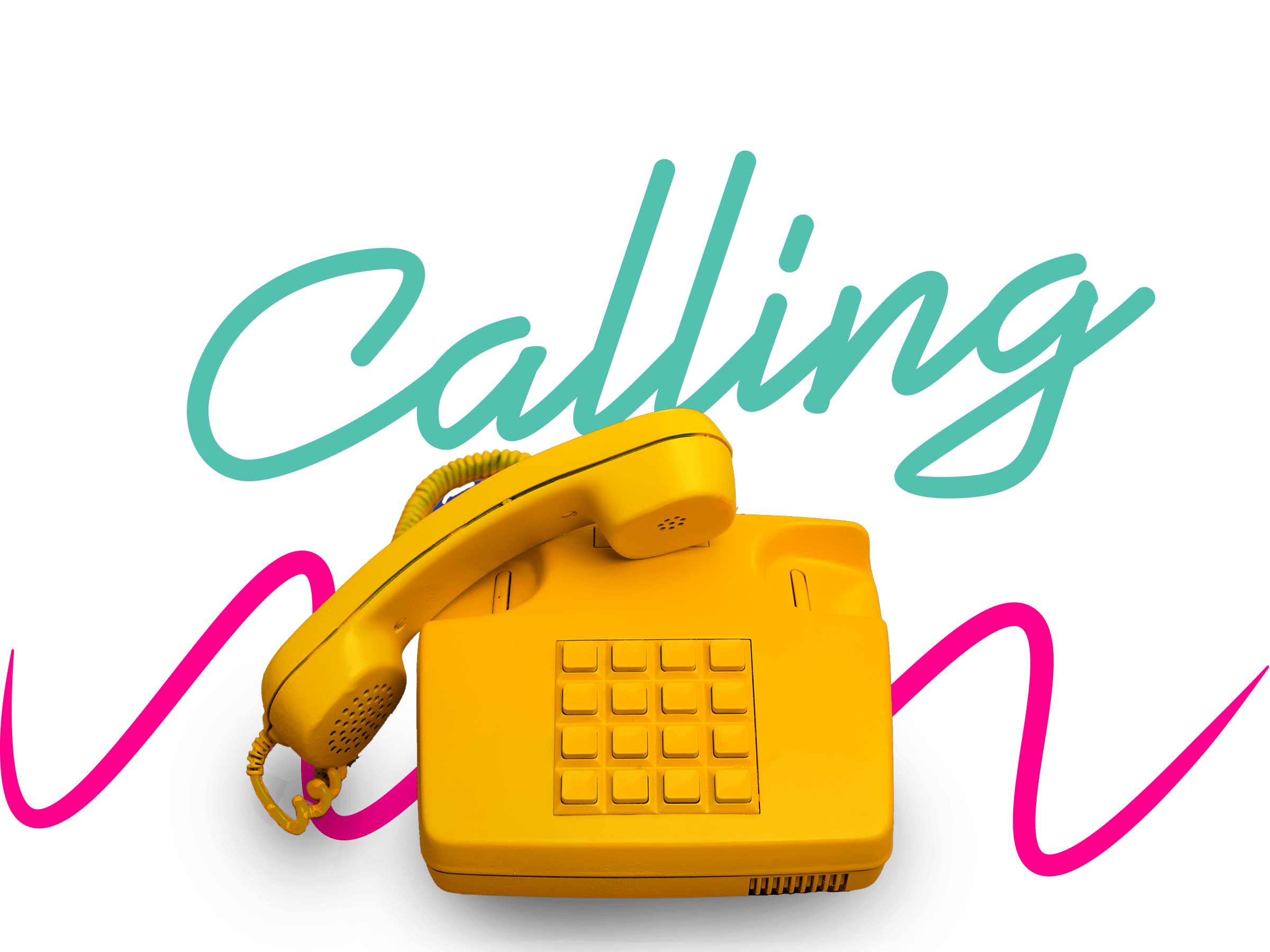 Bold retro text reading “The ’90s are Calling” with a bright yellow corded phone on a transparent background and neon wavy line accents.