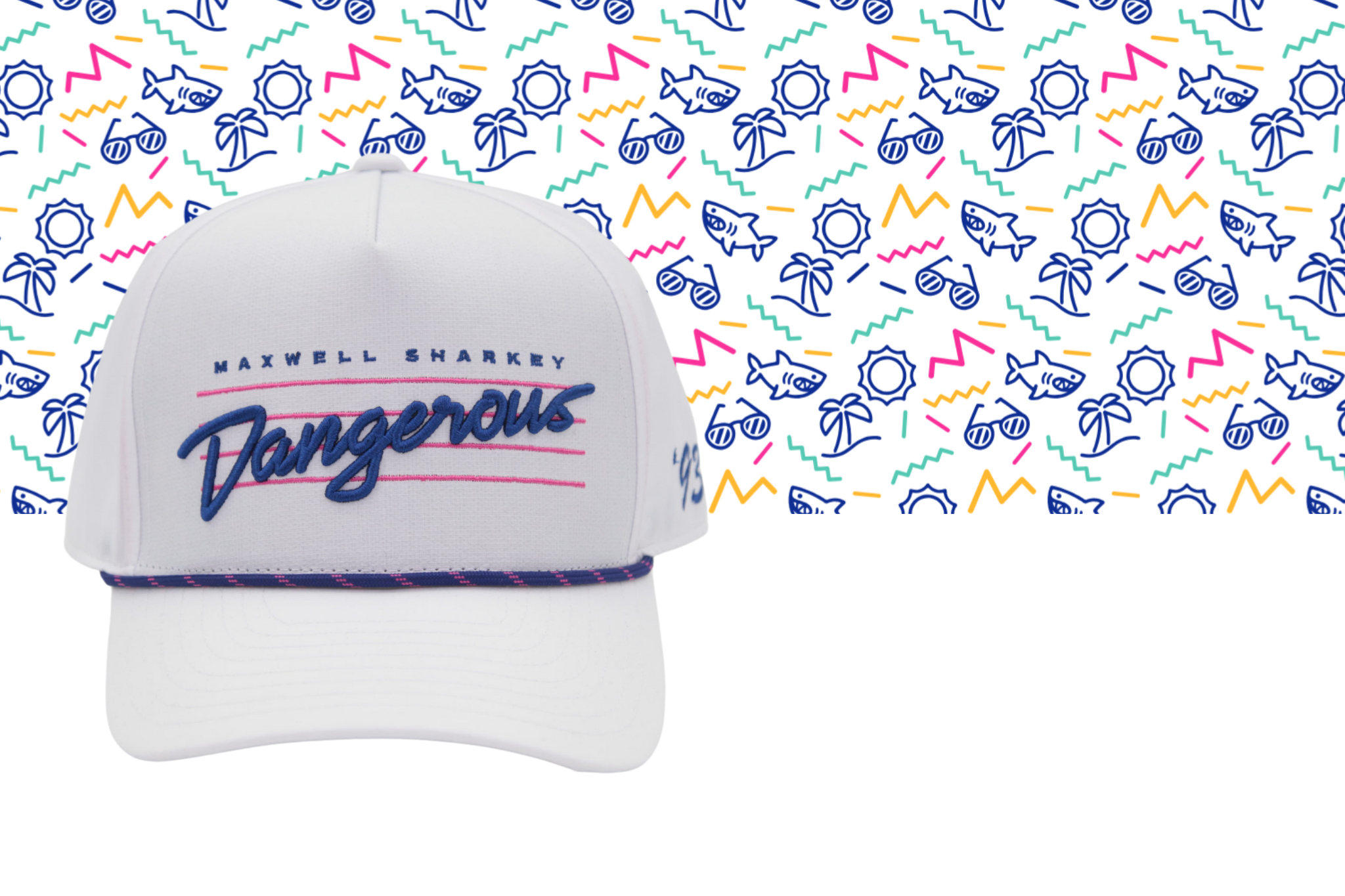 Maxwell Sharkey Dangerous 90s-style rope hat with retro embroidered design, set against a vibrant patterned background.
