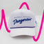 Front view of The Ice Dangerous ’93 Hat – a bright white cap embroidered with “Dangerous” script in blue over aqua lines in the background. Maxwell Sharkey is in small print above the script. It features blue and pink rope detail across the brim.