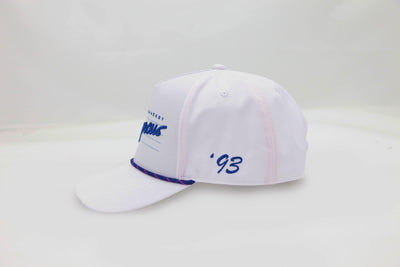 Side view of The Ice Dangerous ’93 Hat – clean white cap with blue ‘93 embroidery and bright blue and pink rope accent along brim.