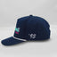 Side view of The Midnight Cruiser ’93 Hat – dark blue hat with ‘93 embroidery on the side in white. There is white rope detail across the brim.