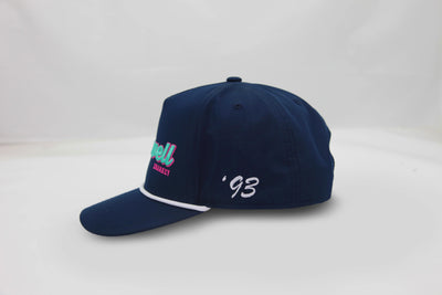 Side view of The Midnight Cruiser ’93 Hat – dark blue hat with ‘93 embroidery on the side in white. There is white rope detail across the brim.