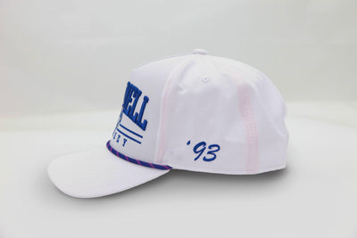 Side view of The Shark Attack Rope Hat – white cap with bold ‘93 embroidery in blue and contrast rope stitching on the brim.