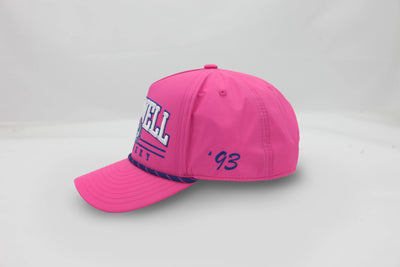 Side view of The Sunset Slasher ’93 Hat – hot pink cap with side ‘93 embroidery in blue.