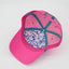 Underbrim view of The Sunset Slasher ’93 Hat – neon printed interior with the Maxwell Sharkey signature Memphis-style patters featuring sun, palm tree, and wave icons. There is teal Maxwell Sharkey logo taping.