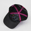 Inside view of a black baseball cap with neon pink interior stitching, Maxwell Sharkey branding on the taping, and colorful 90s-style graphic lining under the crown.