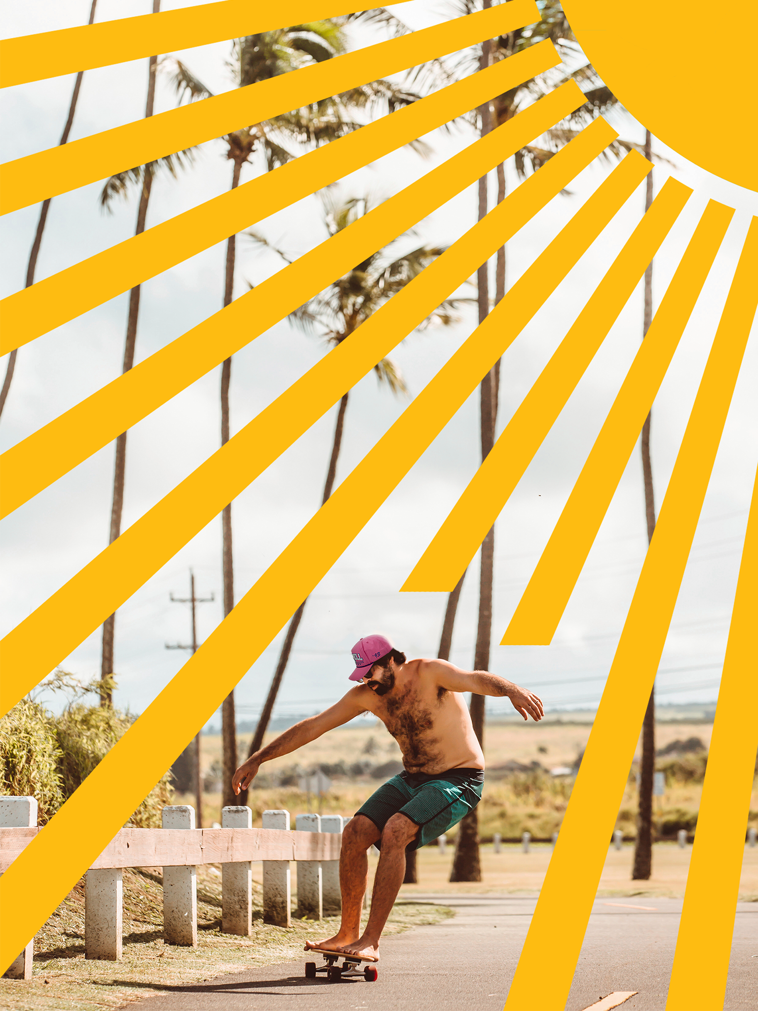 Barefoot skateboarder wearing Maxwell Sharkey hat riding under stylized yellow sunburst rays with palm trees in the background.