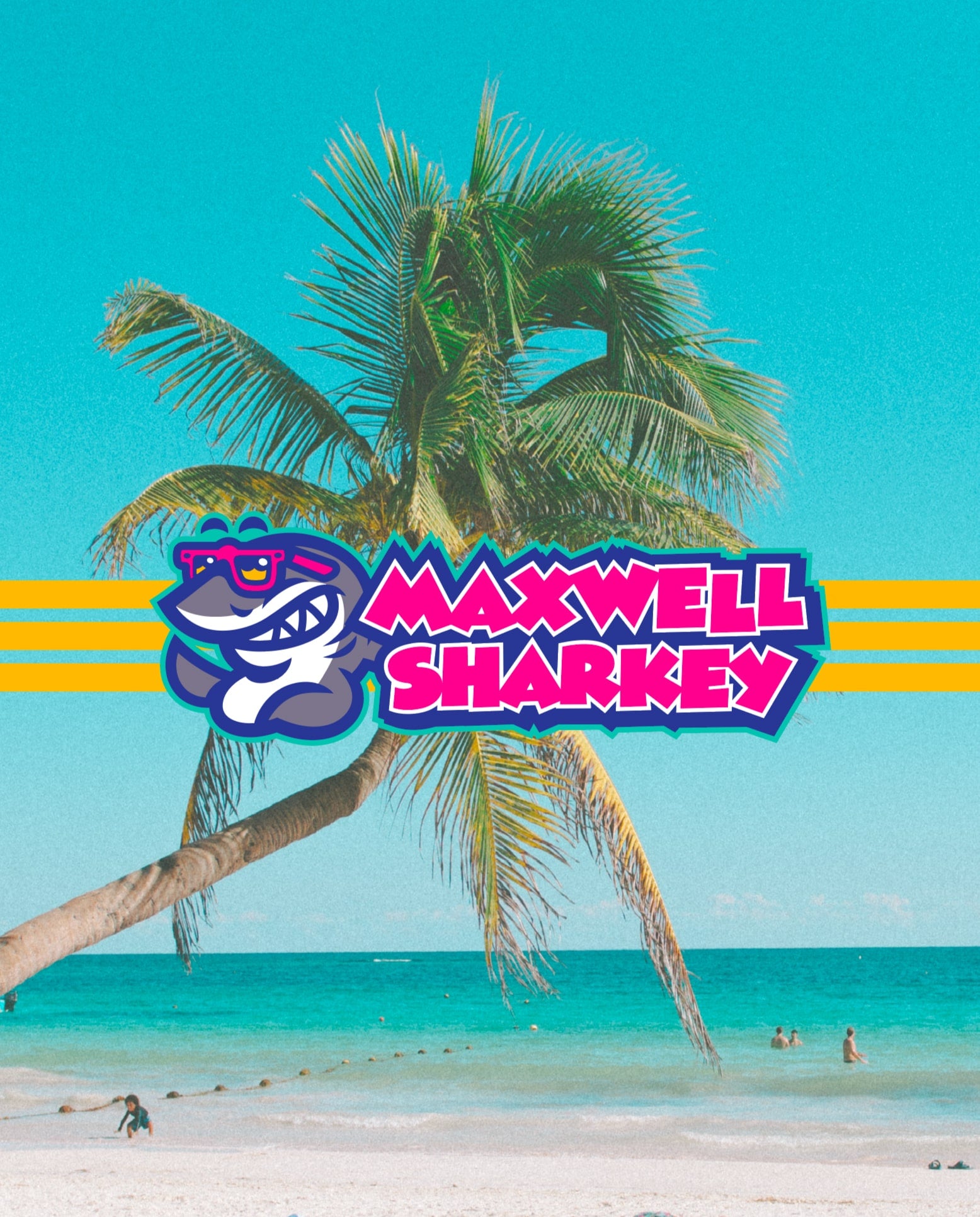 Maxwell Sharkey cartoon shark logo over tropical beach scene with a leaning palm tree and clear turquoise water, framed by yellow retro stripes.
